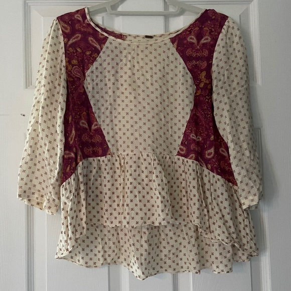Free People Peplum cream and fuchsia paisley and print blouse XS - Picture 1 of 1
